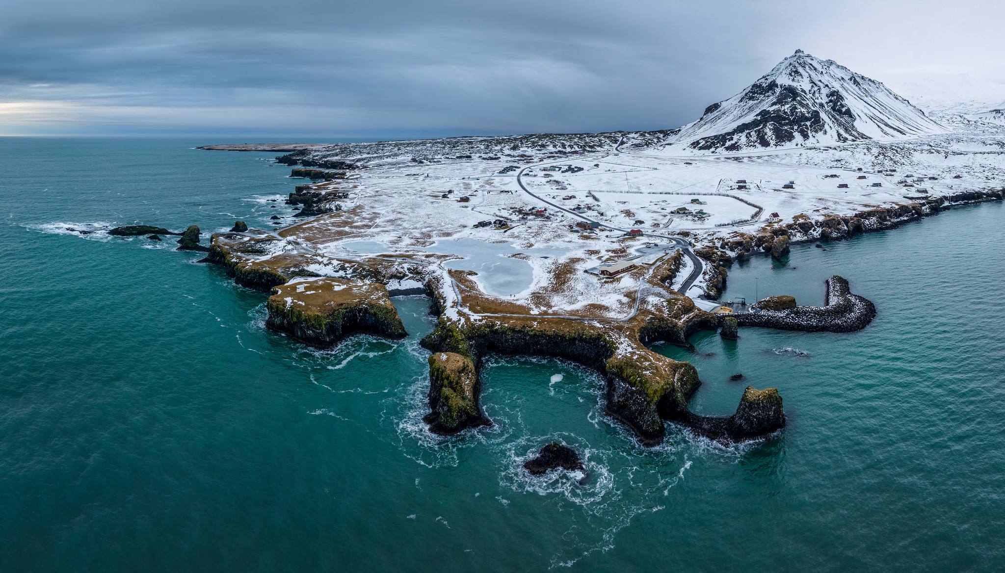 Arnarstapi under snow, from above